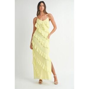Mable Yellow Ruffle Maxi Dress Sleeveless Spaghetti Strap Evening Gown